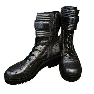 DKNY Basia Gunmetal Ankle Boots | Metallic Leather Booties